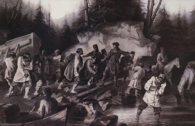 Василий Суриков. Петр I перетаскивает суда из Онежского залива в Онежское озеро. 1872